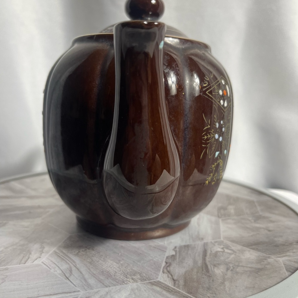 Vintage Hand-Painted Brown Ceramic Teapot from Japan – Floral Motif, 6.5” - Picture 9 of 10